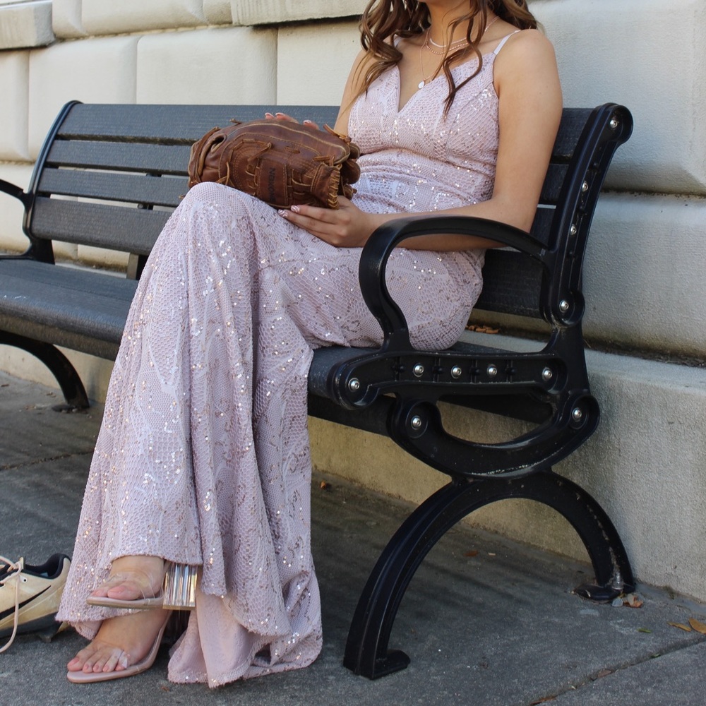 Long prom dress light nude pink with sparkles adjustable straps tight fitting
